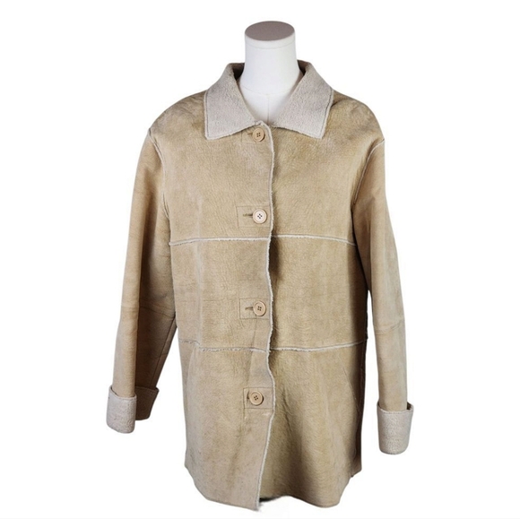 Vintage BKLE Genuine Leather Sherpa Lined Tan Coat Jacket Size XL - Picture 1 of 12